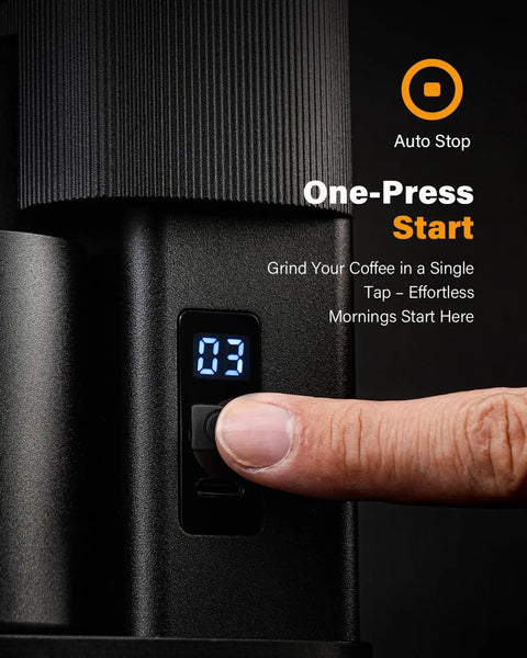 Zero Drama All Metal Single Dose Coffee Grinder Featuring A Quiet DC Motor And Eighty Precise Burr Settings For Smooth Home Espresso Grinding One Touch No Mess Operation With Sleek Black LED Display close-up of one-press start button and blue display.