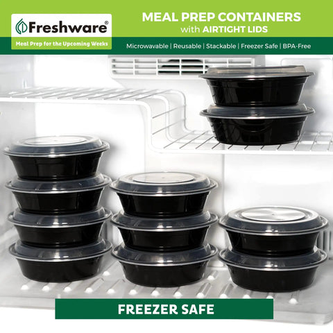 30 Pack Meal Prep Bowls With Lids, 28 Oz Containers For Soup And Salad, BPA Free, Stackable Bento Boxes in a freezer