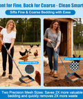 Two In One Chicken Poop Scooper And Rake With Adjustable Stainless Steel Handle For Coop Cleanup showing fine and coarse sifting use