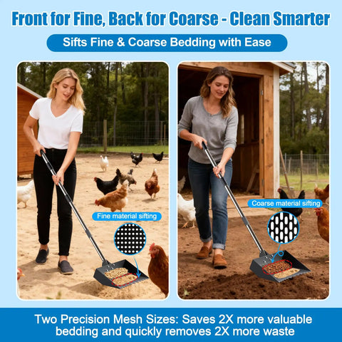Two In One Chicken Poop Scooper And Rake With Adjustable Stainless Steel Handle For Coop Cleanup showing fine and coarse sifting use