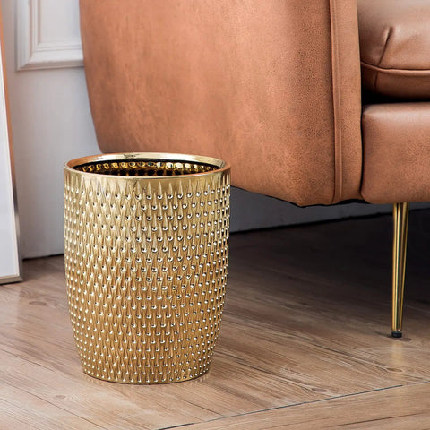 Golden Modern Small Trash Can Wastebasket For Bathrooms Powder Rooms Kitchens And Home Offices Durable Ceramic Round Garbage Container Bin Compact Space Saving Design That Fits Under Sinks Cabinets Or On Counters