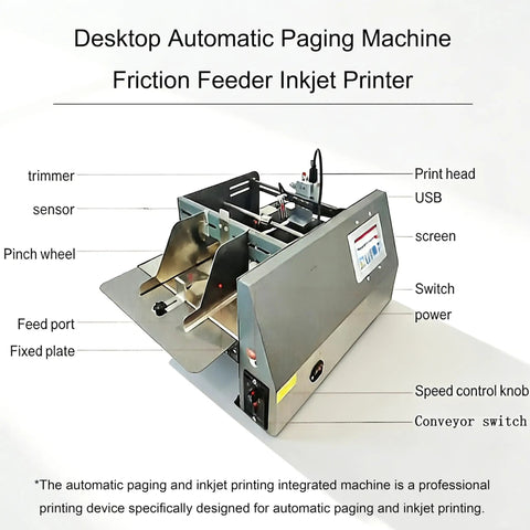 Desktop Automatic Page Feeder For Inkjet Printers With Speedy Sheet Dispenser For Business Cards Paper Bags And Foil Pouches Plug And Play Setup side view showing sensors and trimmer.