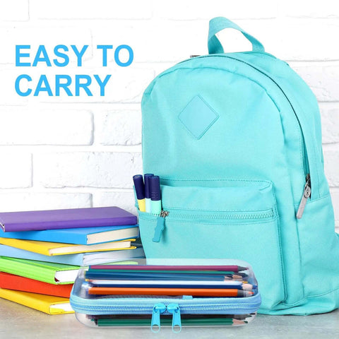 Top Shelf Four Pack Clear Hard Shell Zipper Cases In Vibrant Blue Durable Plastic Travel Pouches For No Sweat Organization And Reliable Everyday Carry Protection next to a backpack and books.