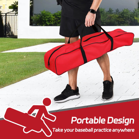 Person carrying a red bag with Portable Baseball And Softball Practice Net With Bow Frame Foldable Batting Cage for drills.