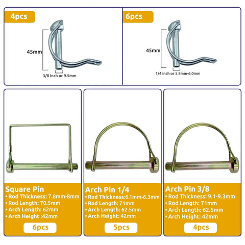 Detailed view of pin types from All In One Trailer Pin And Hardware Kit With 232 Pcs Including Hitch Pins Lynch Pins PTO Pins Cotter Pins Clip Pins For Trailer Accessories 3 Point Tractor Attachments Lawn Mowers Snow Plows And Farm Equipment