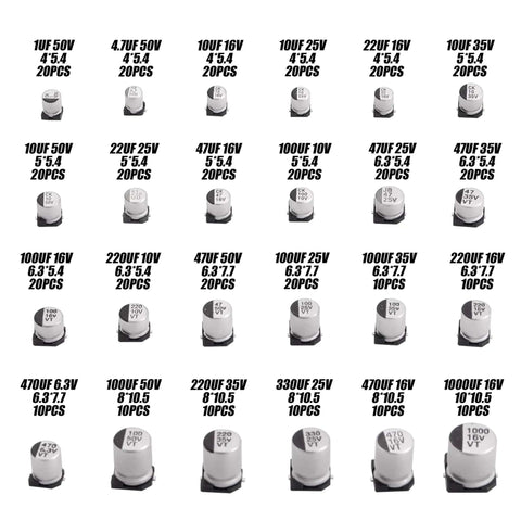 24 Values 1uF To 1000uF SMD Aluminum Electrolytic Capacitors Assortment Kit layout with labeled components