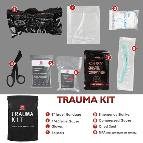 8-piece IFAK trauma kit refill with 6-inch Israeli bandage, sterile gauze, gloves, scissors, chest seal, NPA, blanket.