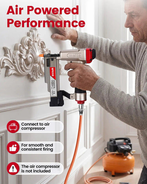 Pneumatic 23 Gauge Pin Nailer Bundle With 10000 Piece Galvanized Pins For smooth trim job in use, connecting to air compressor.