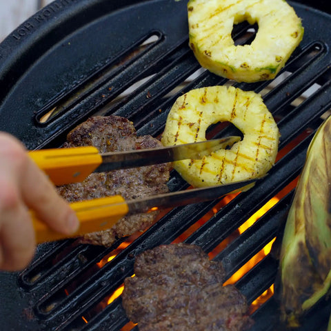 Grilling burgers and pineapple on Bonfire Hub Stainless Steel Cooking Adapter for 8 Inch Elevation Fire Pit