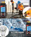 Go-To Dual Channel Digital K Type Thermocouple Thermometer With 2 HVAC Clamps And 2 Probes, Wide -328 To 2500 F Range, LED Backlight, Adjustable Compensation, Handy HVAC Lab Tool For Quick Readouts. HVAC tech using clamp and probe in industrial lab