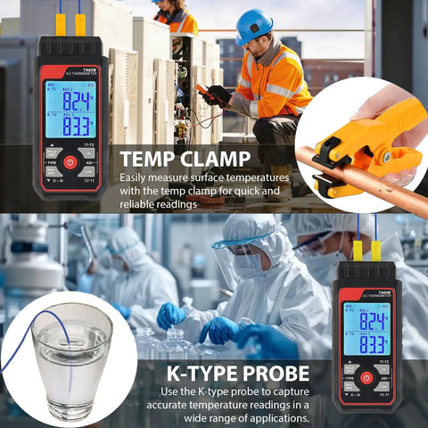 Go-To Dual Channel Digital K Type Thermocouple Thermometer With 2 HVAC Clamps And 2 Probes, Wide -328 To 2500 F Range, LED Backlight, Adjustable Compensation, Handy HVAC Lab Tool For Quick Readouts. HVAC tech using clamp and probe in industrial lab