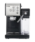 Super Sleek Programmable Espresso And Cappuccino Maker Featuring Automatic Milk Frother And 19 Bar Pump Stainless Steel Build with control panel.