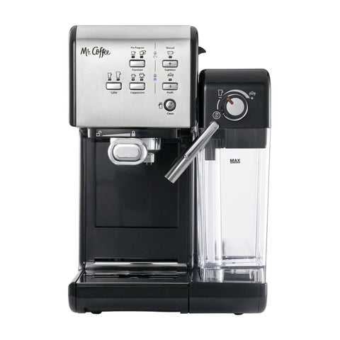 Super Sleek Programmable Espresso And Cappuccino Maker Featuring Automatic Milk Frother And 19 Bar Pump Stainless Steel Build with control panel.