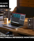 Zero Latency Wired 4.5 Inch Studio Monitors And PC Speakers on a desk beside a laptop with music production software.