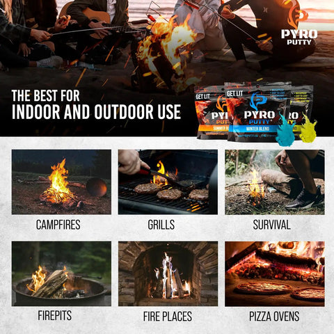Pyro Putty Emergency Fire Starter For All Seasons Eco Blend, images of campfires, grills, survival, firepits, fireplaces, pizza ovens.