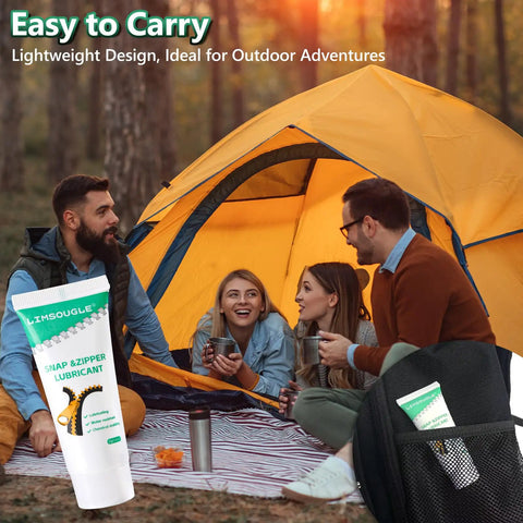 Zipper Lubricant For Plastic And Metal With Silicone Grease And Applicator Brush, camping scene with orange tent.