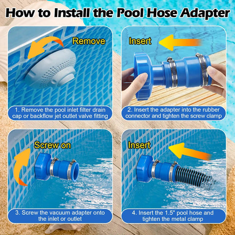 Installation steps for Ultimate Pool Vacuum Hose Adapter Kit 1.5 Inch Connector for Above Ground Pools with adapters and clamps
