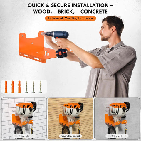 Man installing Heavy Duty Weed Eater And Hedge Trimmer Wall Mount Rack For Garage And Shed Tool Organizer Orange With Reinforced 2mm Steel And Triangle Support Heavy Duty Design Wide 2 Inch Center Slot For Trimmers Shovels And Rakes on wall