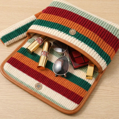 12 Pairs Killer Hold Magnetic Snaps on a colorful striped knit bag showcasing cosmetics and sunglasses inside.