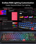 Flux87 He Mechanical Gaming Keyboard with RGB lighting customization options shown on screen, demonstrating AI and software controls.