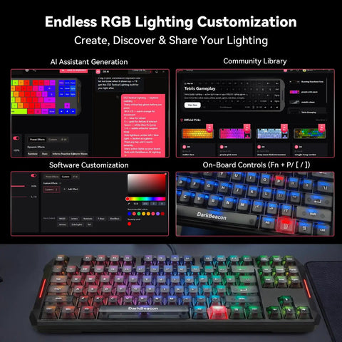 Flux87 He Mechanical Gaming Keyboard with RGB lighting customization options shown on screen, demonstrating AI and software controls.