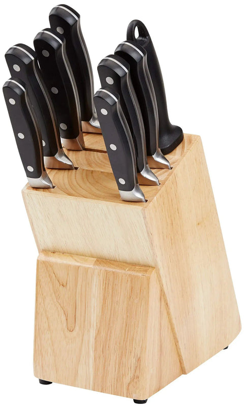 Top Shelf 9 Piece High Carbon Stainless Steel Kitchen Knife Set With Ergonomic Full Tang Handles Pine Wood Storage Block And Built In Sharpener For Daily Cooking