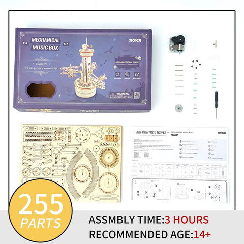 3D Wooden Puzzle Mechanical Music Box Aircraft Model Kit for DIY Builders, Dope Gift For Teens And Adults package contents