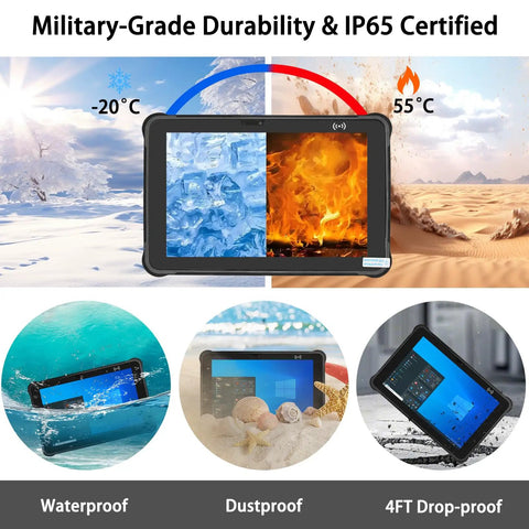 Kickass Durability 10.1 Inch Rugged Tablet Running Windows 10 with military-grade durability and IP65 waterproof protection.