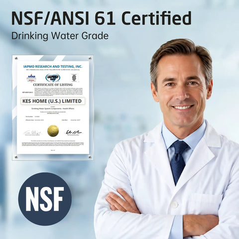 KES NSF Certified All Metal Drinking RO Water Faucet Non-Plastic Connector displayed with NSF certificate and professional.