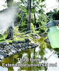 Half Gallon Automatic Pressure Sprayer With Straight And Adjustable Curved Extension Poles in use near a garden pond