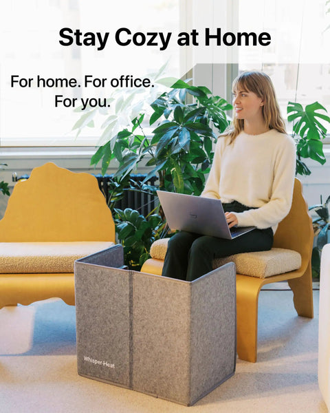 Woman using Under Desk Heater For Legs And Feet, Silent Personal Warmer With Thermostat And Timer, Energy Efficient Office And Home Heating