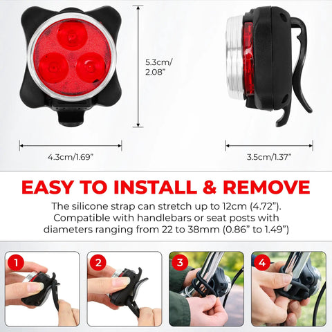 USB Rechargeable Bike Light Set With Front And Rear LED Lights For Mountain Biking Waterproof Silicone Body showing dimensions