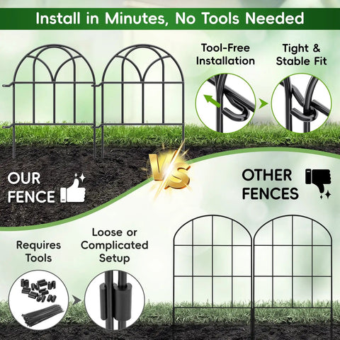 Comparison of metal garden fence panels showing tool-free installation and stable fit for 19 Pack Garden Fence Panels For Easy Install.