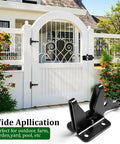 Heavy Duty Self Locking Gate Latch For Wood Fences And Garden Gates beefy steel frame shown installed on a white garden gate.