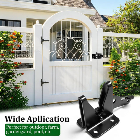 Heavy Duty Self Locking Gate Latch For Wood Fences And Garden Gates beefy steel frame shown installed on a white garden gate.