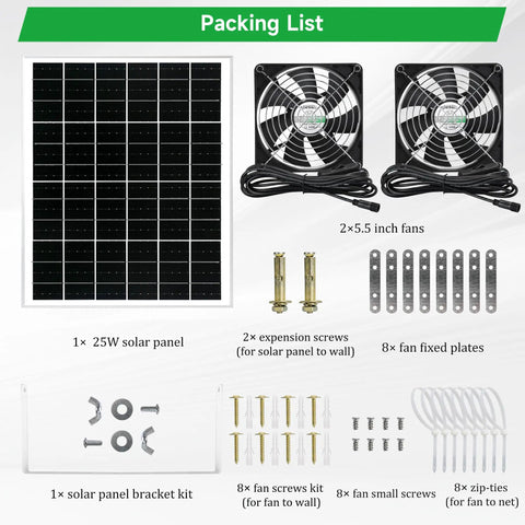 Solar Powered 5.5 Inch Two Fan Kit For Intake Or Exhaust Air, Weatherproof Outdoor Vent Fans For Chicken Coops, Greenhouses, Sheds, And Pet Houses, Easy Installation And Fresh Air Quality