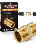 Go To Quick Connect Pressure Washer Hose Adapter M22 14mm Brass Fitting 4500 PSI, shown with packaging and connections