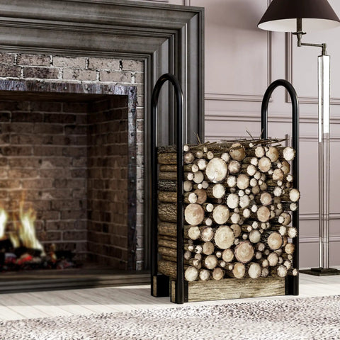 Heavy Duty Firewood Log Rack Kit With Adjustable Bracket For Indoor Or Outdoor Use, Black Powder Coated Steel Fireplace Wood Storage Holder