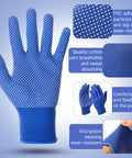 Blue glove with PVC dots for grip, breathable cotton, anti-slip feature, flexible design, and wear-resistant material.