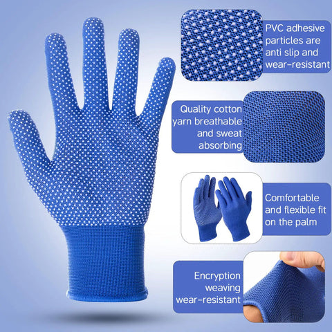 Blue glove with PVC dots for grip, breathable cotton, anti-slip feature, flexible design, and wear-resistant material.