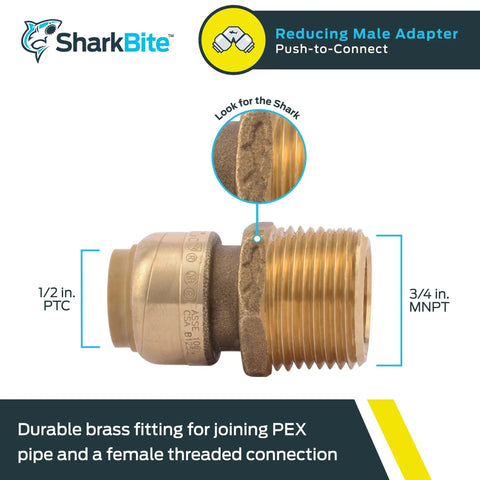 Push To Connect Brass Reducing Adapter 1/2 In X 3/4 In MNPT Fitting For PEX Copper CPVC PERT HDPE Pipes Tool Free Quick Install Wet Line Compatible No Tools Needed side view