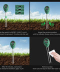 Three In One Soil Moisture Light And PH Meter for Home Garden Lawn Farm Indoor Outdoor use shown in soil with probe and switch