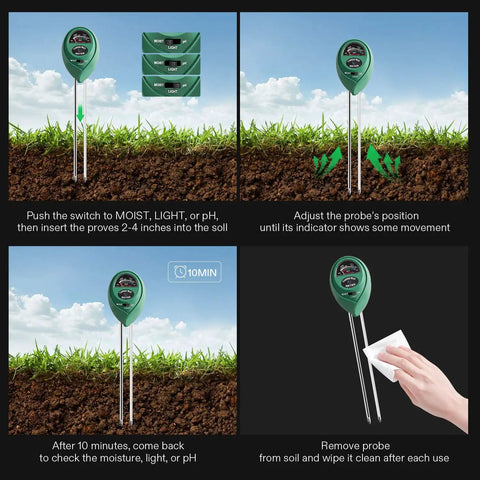 Three In One Soil Moisture Light And PH Meter for Home Garden Lawn Farm Indoor Outdoor use shown in soil with probe and switch