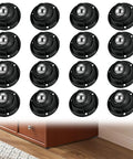 Sixteen Pack Self Adhesive Caster Wheels Featuring One Inch Low Profile Mini Swivel Build For No Sweat Installation And Slick Gliding On Hardwood Or Tile Helping You Ease Furniture Loads Up To Sixty Six Pounds In Matte Black displayed in grid on hardwood floor.