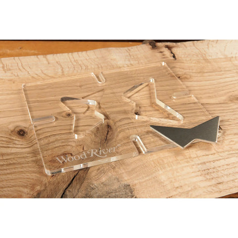 Straight Up Butterfly Router Inlay Template Machined From Thick Clear Acrylic on wooden surface with metal guide.