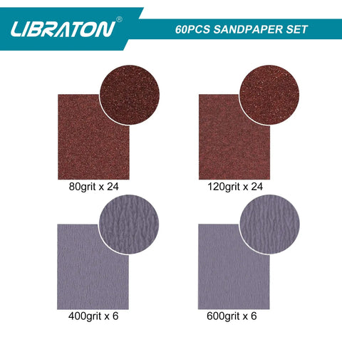 Ultimate Sandpaper Kit For Woodworking 60 Pc Assortment With 80 120 400 600 Grit Sheets showing different grit textures