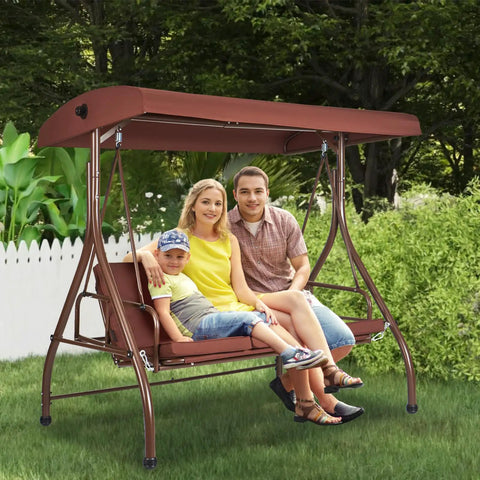 Family sitting on Three Seat Outdoor Patio Swing Chair With Adjustable Canopy And Removable Thick Cushion, Brown