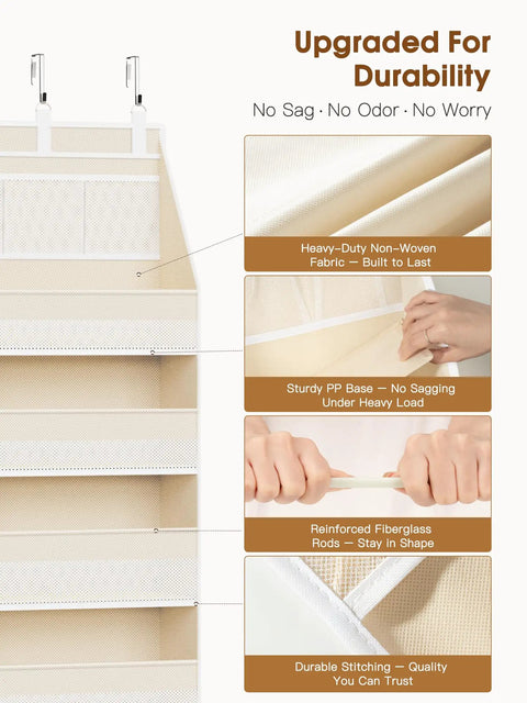 Over The Door Organizer That Turns Any Door Into A Storage Powerhouse With 6 Shelves And 13 Mesh Pockets, 55 LB Capacity, Beige, close-up of durable fabric and stitching details.