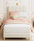Heavy Duty Twin Platform Bed Frame With Sleek Wooden Headboard, Low Rise Kids Sleeping Setup, in soft beige fabric, cozy bedding setup.