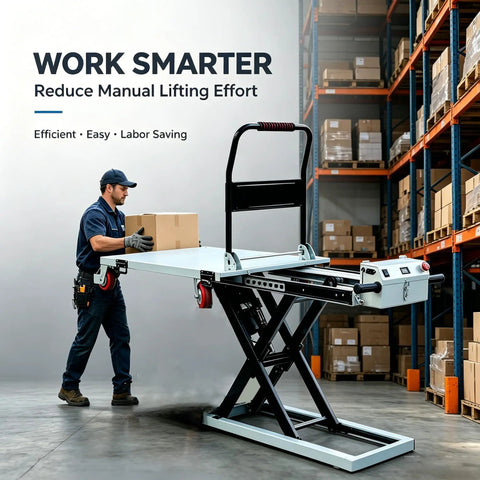 Heavy Duty Electric Hydraulic Lift Table Cart With 660 Lb Capacity And No Sweat Rolling Wheels Featuring Adjustable Sliding Rails And A Grippy Antislip Platform